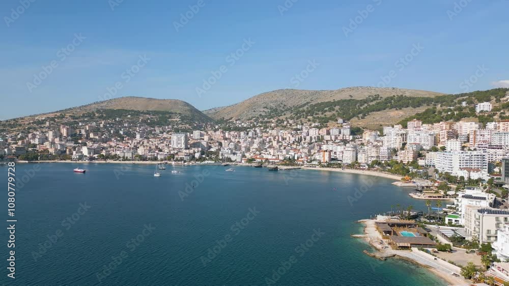 Aerial drone video of the coastal town named Sarandë in Albania. Aerial drone video of the coastal town named Sarandë in Albania.