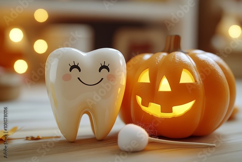 An illustration depicts a tooth figurine and dental tools on a yellow background with pumpkins and a broom in the foreground. photo