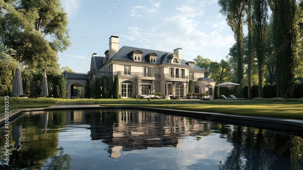 A grand, French-style mansion with a reflecting pool in the front yard. The home has a classic facade and a lush green lawn. A grand, French-style mansion with a reflecting pool in the front yard. The home has a classic facade and a lush green lawn.