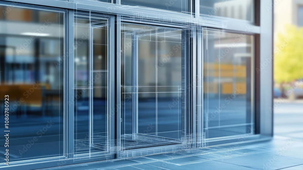 A close-up of a glass door with a wireframe overlay, showcasing modern architectural design. A close-up of a glass door with a wireframe overlay, showcasing modern architectural design.