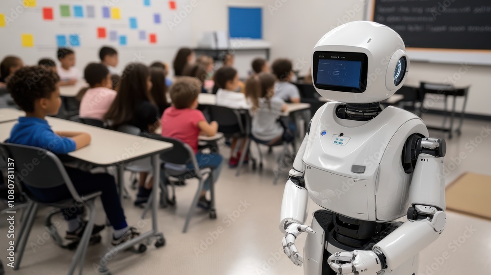 A futuristic classroom where a robot teacher engages young children, blending technology and education in a dynamic learning environment. A futuristic classroom where a robot teacher engages young children, blending technology and education in a dynamic learning environment.