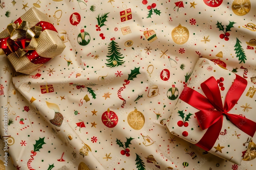 A white fabric with a Christmas tree and other decorations. A red ribbon is tied around a gift box A white fabric with a Christmas tree and other decorations. A red ribbon is tied around a gift box