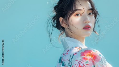 Elegant Woman in Traditional Kimono on Neutral Background Generative AI