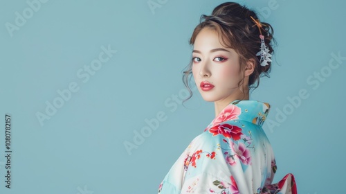 Elegant Woman in Traditional Kimono on Neutral Background Generative AI