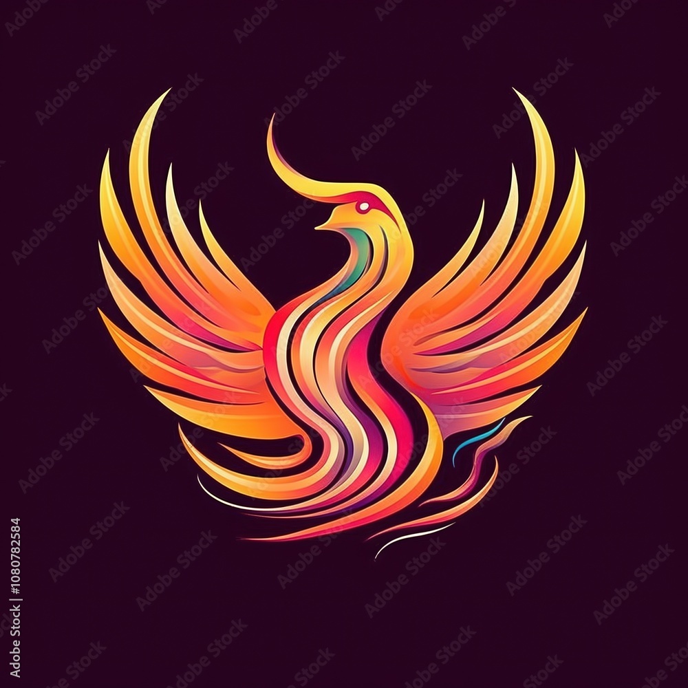 Vibrant illustration of a phoenix with spread wings against a dark background. Vibrant illustration of a phoenix with spread wings against a dark background.