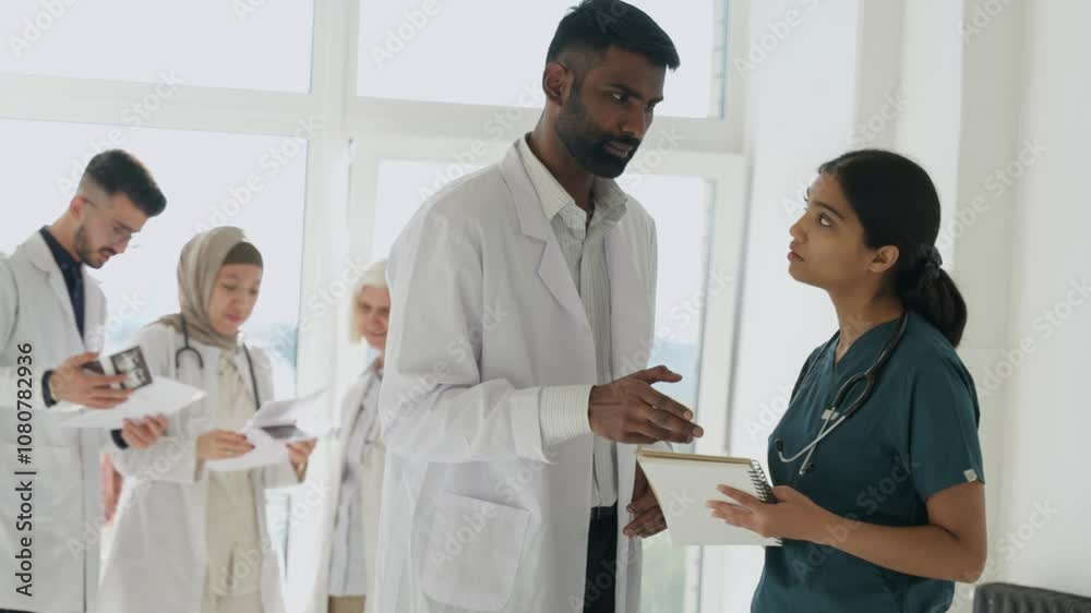 Indian doctors man and woman discussing. Global medicine, health, lifestyle and hospital concept. Multiethnic doctor and nurse talking about patient treatment Indian doctors man and woman discussing. Global medicine, health, lifestyle and hospital concept. Multiethnic doctor and nurse talking about patient treatment