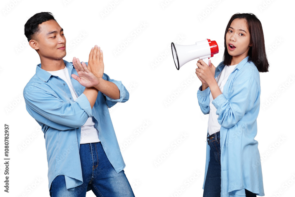 Asian man and woman with megaphone isolated transparent Asian man and woman with megaphone isolated transparent