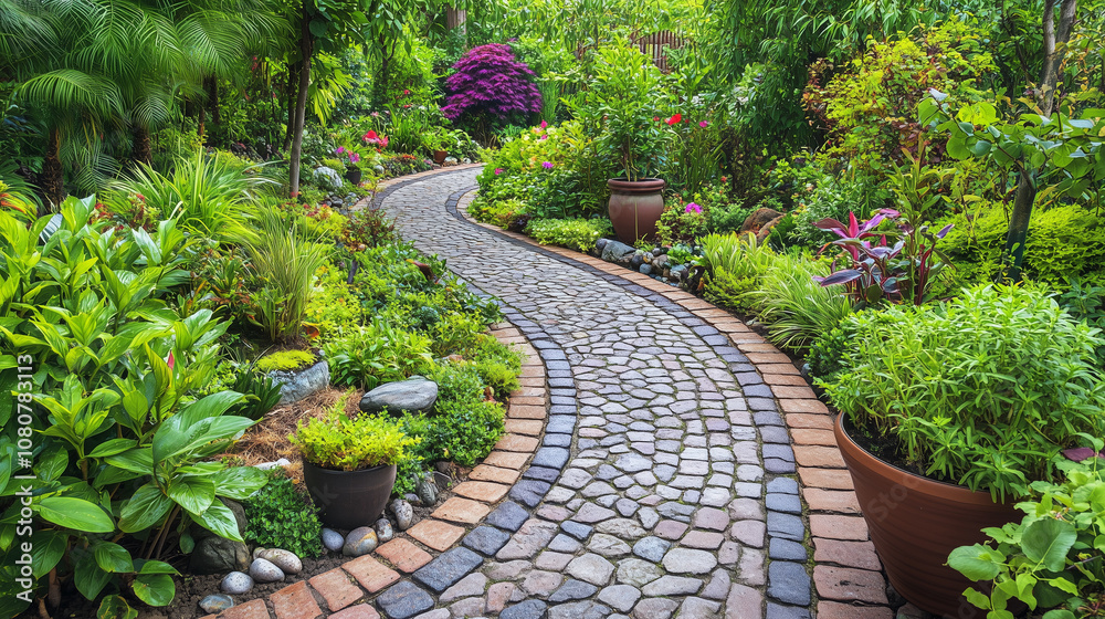 Obraz premium Piękna ścieżka ogrodowa z brukowanym chodnikiem, otoczona bujną roślinnością i kwiatami w donicach.