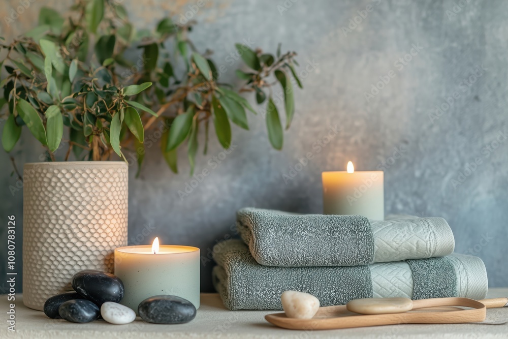 Relaxing spa setup with candles, towels, stones, and greenery. Soft green towels stacked beside lit candles and smooth stones. Elegant decor for tranquility. Relaxing spa setup with candles, towels, stones, and greenery. Soft green towels stacked beside lit candles and smooth stones. Elegant decor for tranquility.