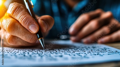 A close-up shot of a hand holding a pen, meticulously writing on a piece of paper, symbolizing focus, creativity, and the art of handwriting in modern times. photo