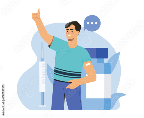 Man with vaccination. Young guy with plaster on shoulder. Prevention of viral diseases and covid. Patient near syringe with vaccine. Healthcare and medicine. Flat vector illustration