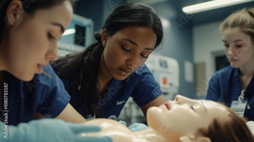Focused Medical Students Practicing CPR on a Mannequin in a Simulated Hospital Environment