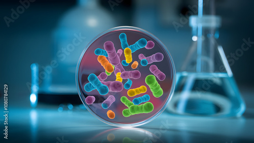 Close-up of colorful microscopic gut bacteria colonies in a petri dish on a lab table, representing microbiology research and health science concepts.