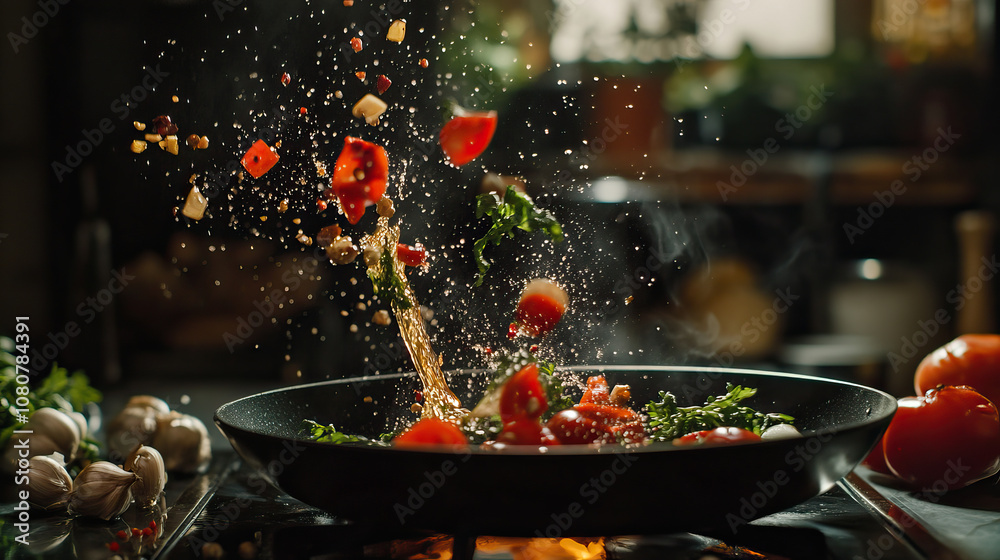 An Engaging and Dynamic Cooking Scene Featuring Fresh Ingredients and Their Preparation in Action An Engaging and Dynamic Cooking Scene Featuring Fresh Ingredients and Their Preparation in Action