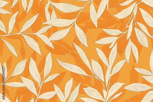 Seamless pattern background of minimalist olive leaf outlines in muted orange. photo