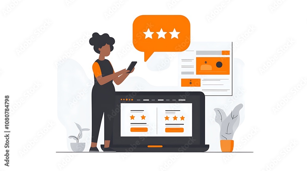 A person holding their phone with an orange five star review A person holding their phone with an orange five star review