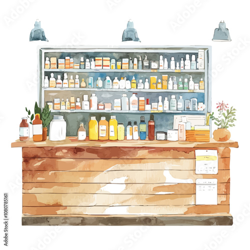 A watercolor drawing of a Pharmacy, isolated on a white background. Pharmacy vector.