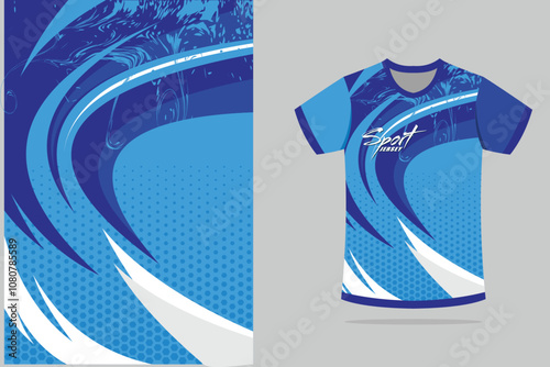 Sport t-shirt design. Sport jersey template mockup abstract design for gaming, football soccer, racing, blue color background