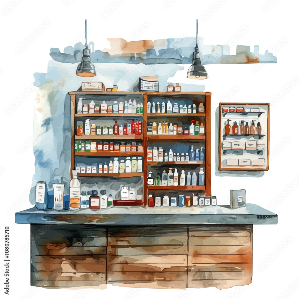 A watercolor of a Pharmacy, isolated on a white background. Pharmacy vector. A watercolor of a Pharmacy, isolated on a white background. Pharmacy vector.