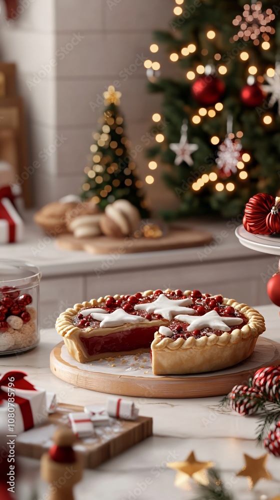 A pie is cut in half and placed on a wooden cutting board A pie is cut in half and placed on a wooden cutting board