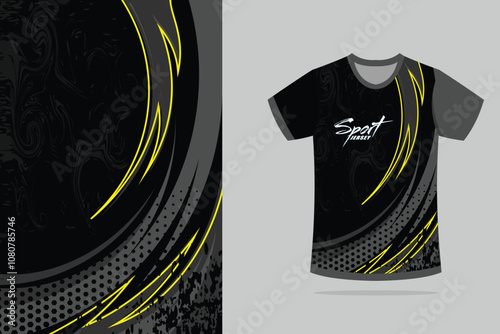 Sport t-shirt design. Sport jersey template mockup abstract design for gaming, football soccer, racing, black color background