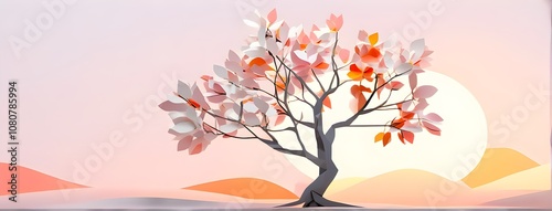 Wallpaper Mural Abstract minimalist spring scene with a single, sharp silhouette of a blooming tree on a vast light grey canvas, with subtle color gradients hinting at spring freshness Torontodigital.ca