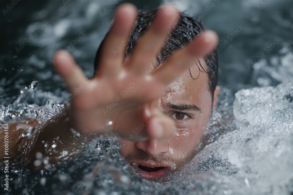 Fototapeta premium An intense scene captures a man in deep water with a focused expression, frantically extending his hand, portraying an urgent call for help and survival.