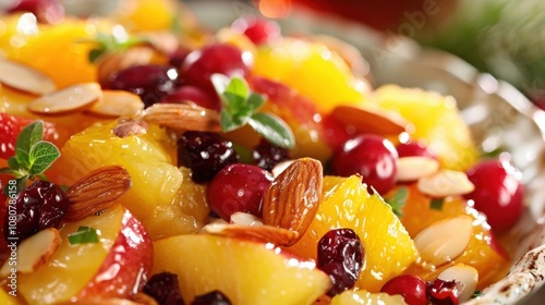 A fruit salad dressed with a citrusy vinaigrette and sprinkled with dried cranberries and toasted almonds. photo