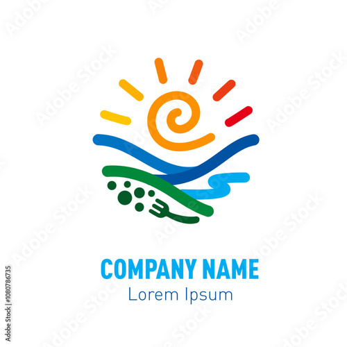  Sea sun Wave logo design isolated on white background. Sea food Restaurant logo line art minimal logo