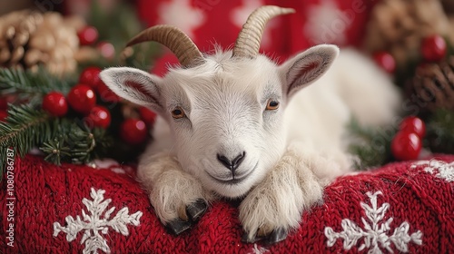 Festive goat snuggled in christmas decor with snowy pine cones and red berries photo