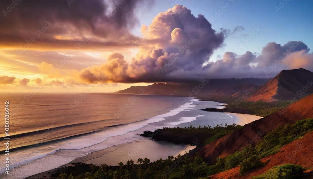 Fototapeta premium Volcanic Ash Clouds Rising Over a Vibrant Tropical Coastline, Captured Against a Serene Ocean Horizon at Sunrise for a Breathtaking Nature Landscape