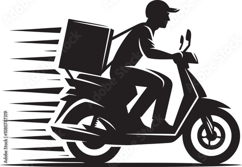 Delivery man on scooter with package silhouette vector illustration on white background