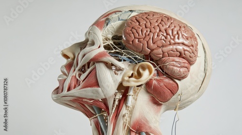 A detailed anatomical model displays the human head's intricate systems of muscles, veins, and brain, ideal for educational purposes.