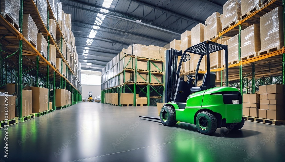 Green forklift parked in warehouse, material handling equipment on glossy floor. Storage concept. Generative AI Green forklift parked in warehouse, material handling equipment on glossy floor. Storage concept. Generative AI