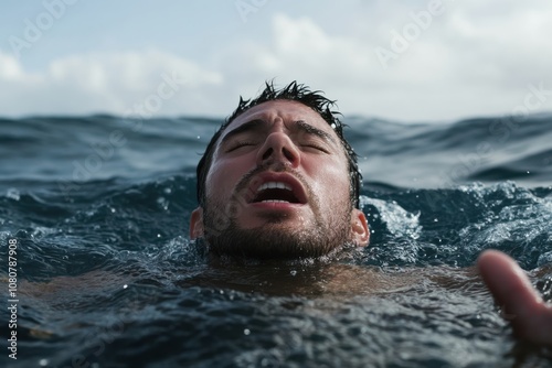 The subject is a man immersed in water, eyes closed as he seemingly becomes one with the ocean, capturing a serene yet intense connection with nature and self-reflection. photo