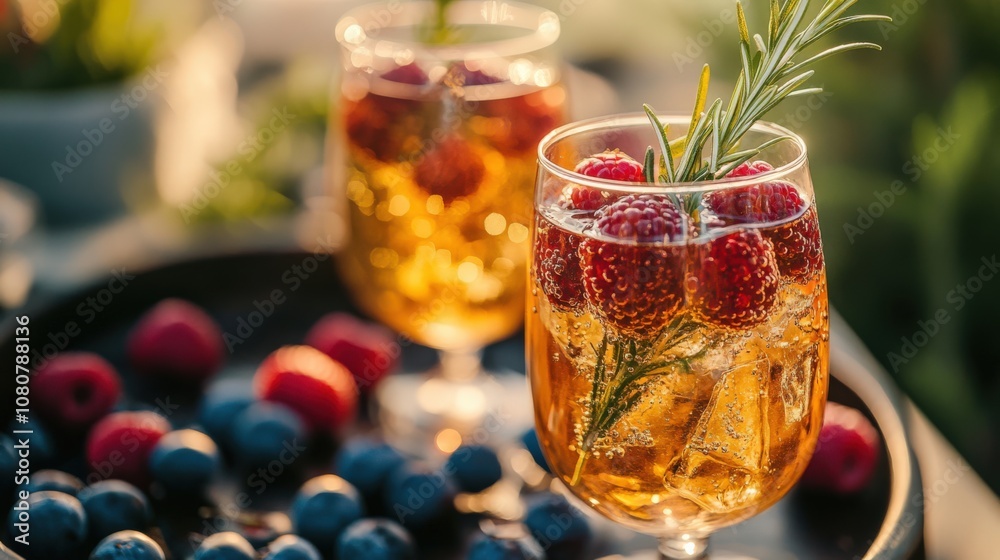 Refreshing Summer Drinks with Berries and Herbs in Sunset Glow Refreshing Summer Drinks with Berries and Herbs in Sunset Glow