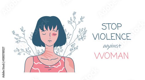 Stop violence against women. Young girl with bruise on face. Feminism and tolerance, equality. Stop gender discrimination. Linear vector illustration isolated on white background