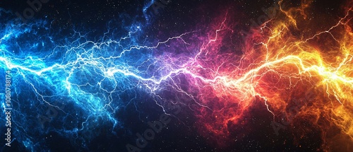 A stunning display of electricity with vibrant blue and orange lightning bolts contrasting against a dark backdrop, creating an electrifying atmosphere.