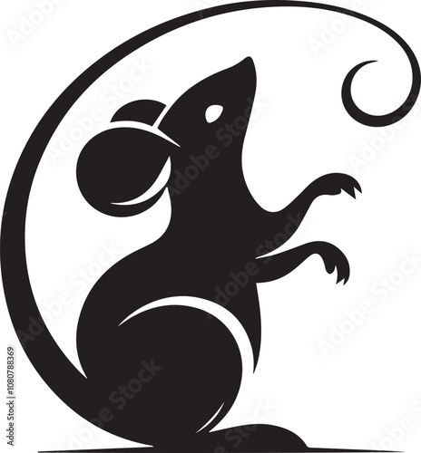 Playful mouse silhouette tail curled in a loop as it reaches up with one paw