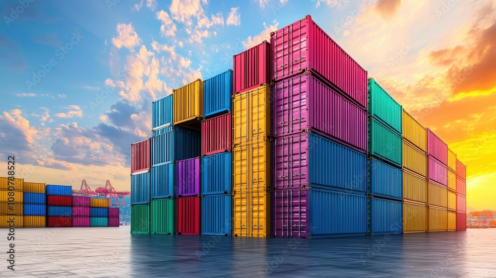 Fototapeta premium Colorful Containers Stacked at Busy Port in Morning Light