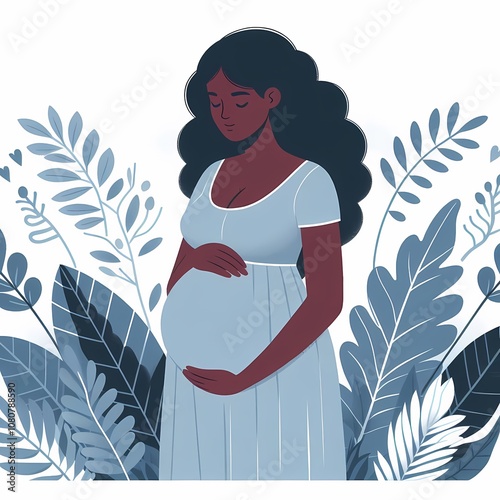 Pregnant black woman standing, whitea background, flat style illustration photo