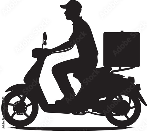 Delivery man on scooter with package silhouette vector illustration on white background