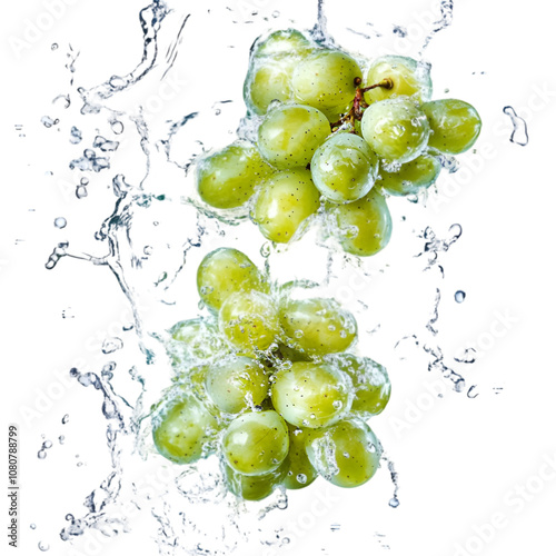 Green grapes splash with drops on a white background
