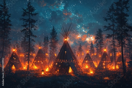 Experience the enchantment of native american teepees illuminated by firelit lanterns under the starry night sky photo