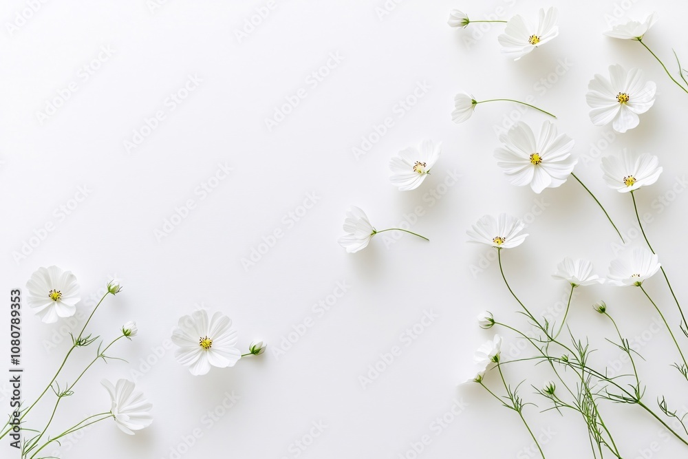 Fototapeta premium White Cosmos Flowers on White Background - Minimalist Floral Photography
