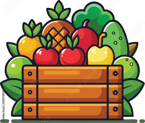 Vector food wooden box icon template. Line grocery logo background with organic fruits and vegetables.