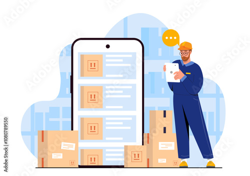 Warehouse worker with smartphone. Man stands near cardboard boxes. Logistics and transportation, shipping. Loader with parcels. Flat vector illustration isolated on white background
