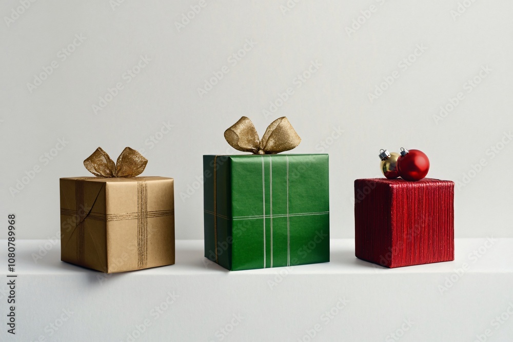 Obraz premium Festive holiday scene with gold, green, and red christmas presents adorned with ribbons and ornaments on a white surface against a plain background