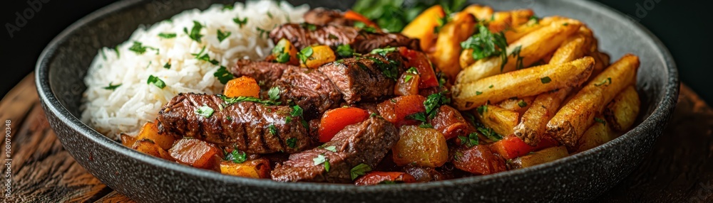 Discover the rich flavors of peruvian lomo saltado served with rice and crispy fries Discover the rich flavors of peruvian lomo saltado served with rice and crispy fries