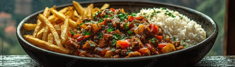 Savor the flavor of peruvian lomo saltado served with rice and crispy fries Savor the flavor of peruvian lomo saltado served with rice and crispy fries